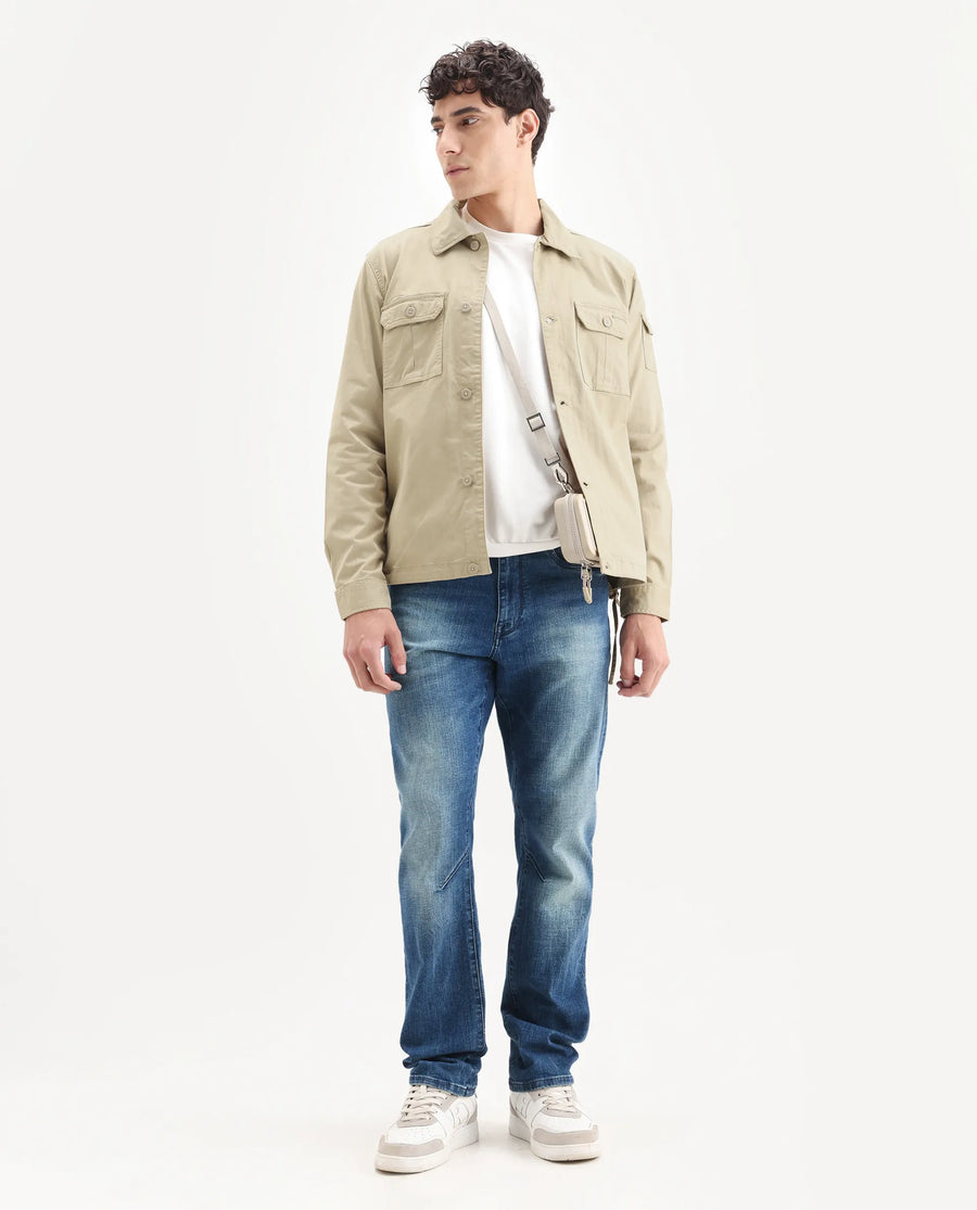 Rare Rabbit Men's Cedro Beige Cotton Plain Regular Fit Full Sleeve Spread Collar Jacket