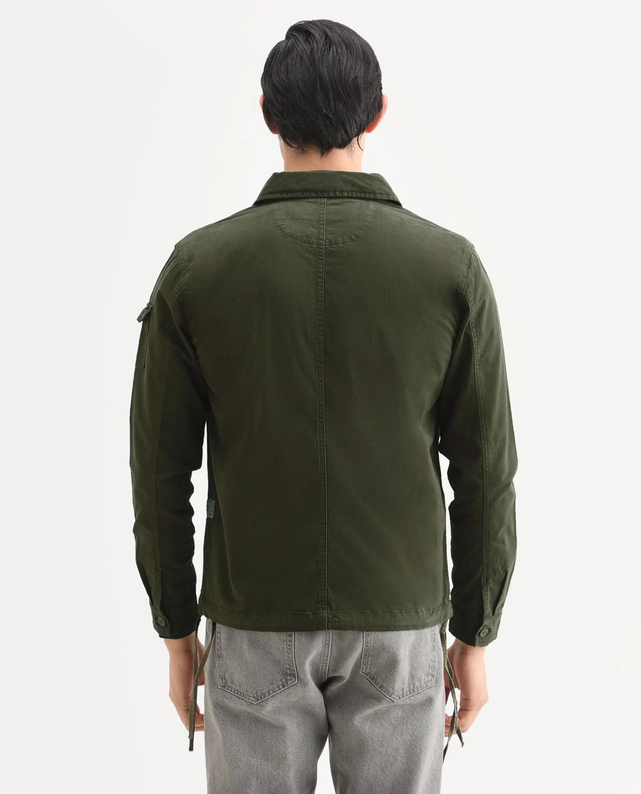 Rare Rabbit Men's Cedro Olive Cotton Plain Regular Fit Full Sleeve Spread Collar Jacket