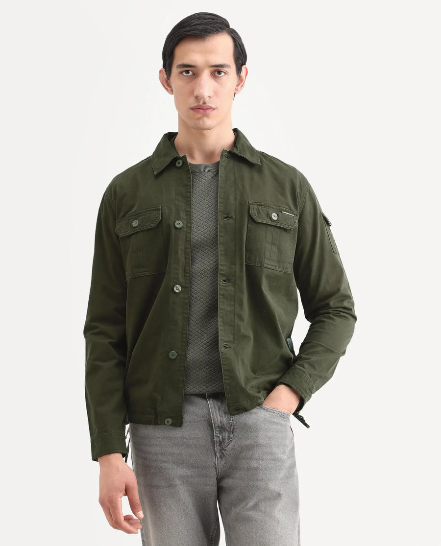 Rare Rabbit Men's Cedro Olive Cotton Plain Regular Fit Full Sleeve Spread Collar Jacket
