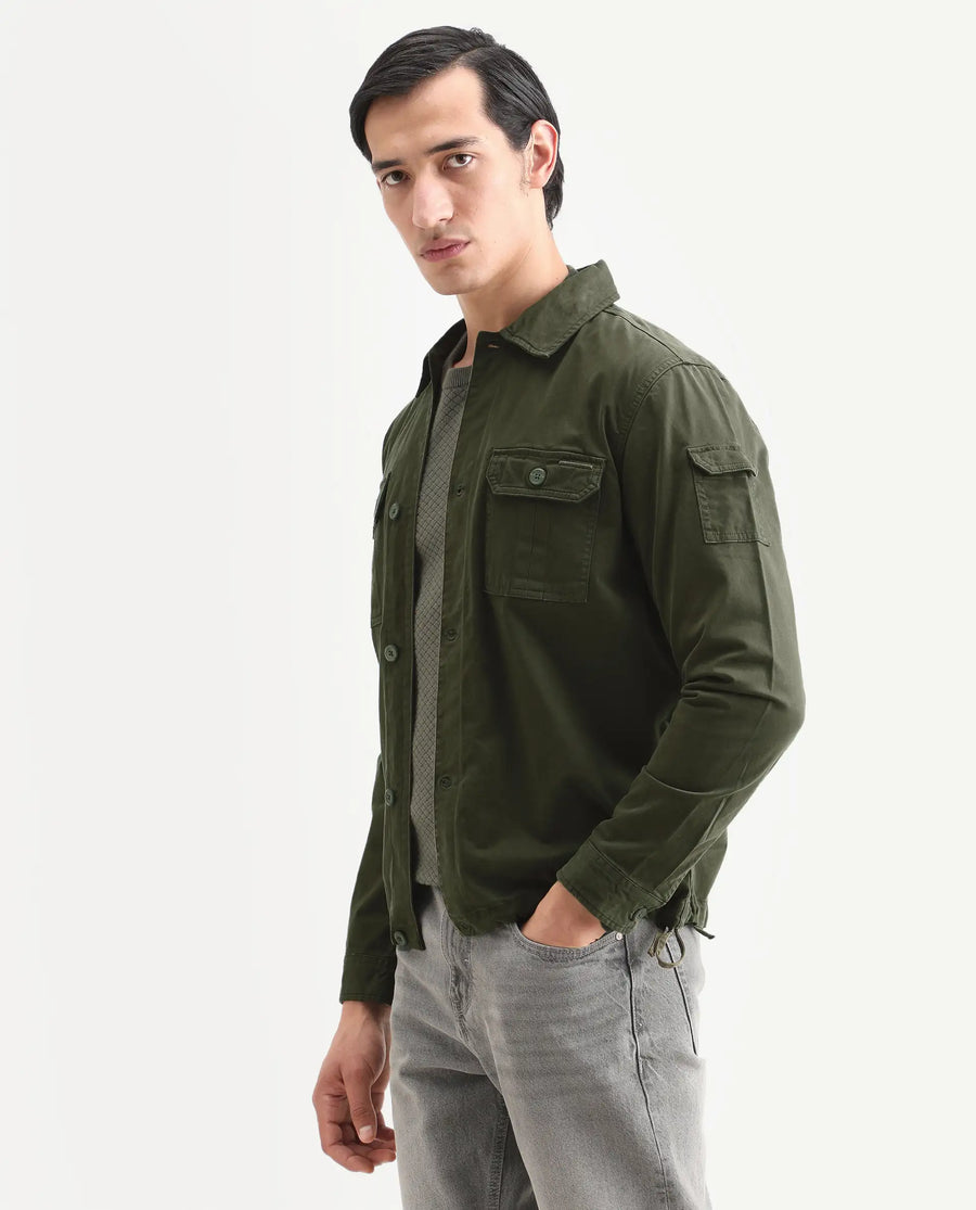 Rare Rabbit Men's Cedro Olive Cotton Plain Regular Fit Full Sleeve Spread Collar Jacket