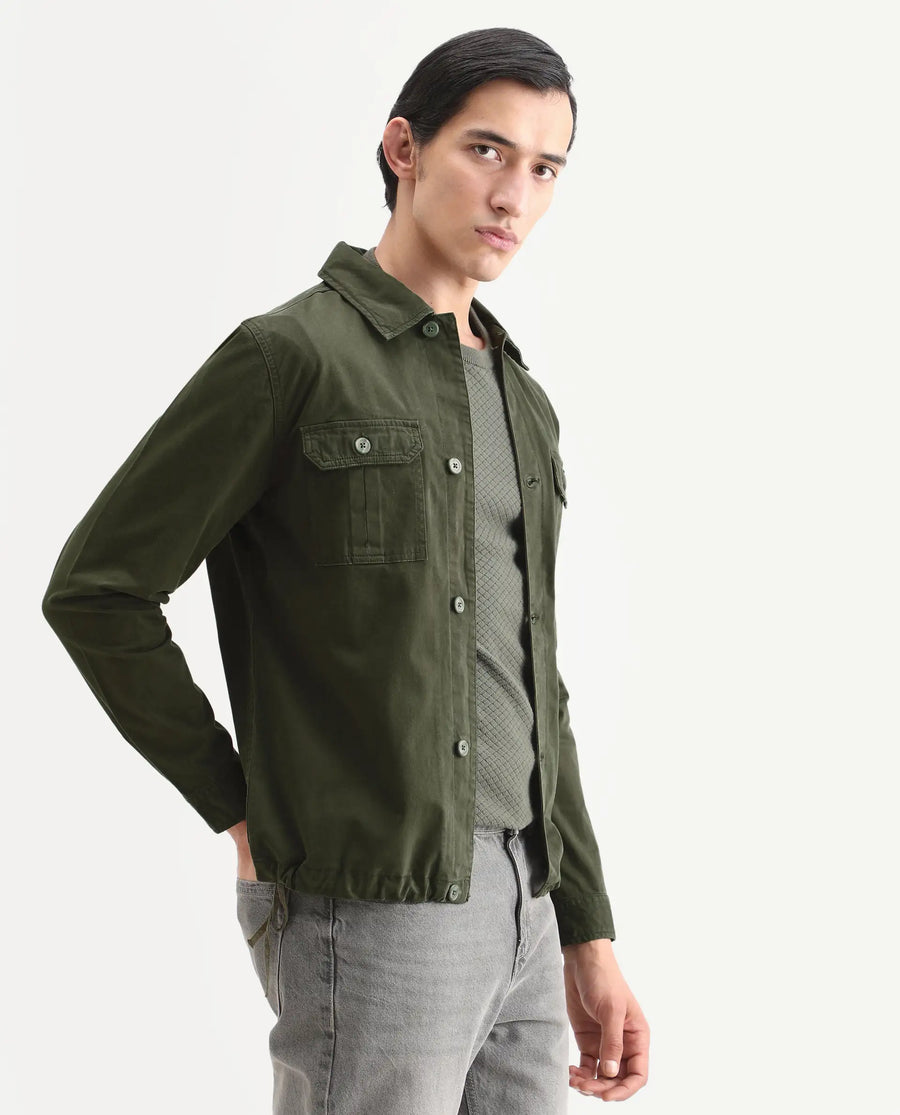 Rare Rabbit Men's Cedro Olive Cotton Plain Regular Fit Full Sleeve Spread Collar Jacket