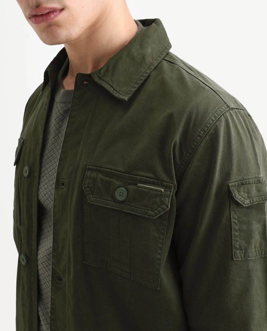 Rare Rabbit Men's Cedro Olive Cotton Plain Regular Fit Full Sleeve Spread Collar Jacket