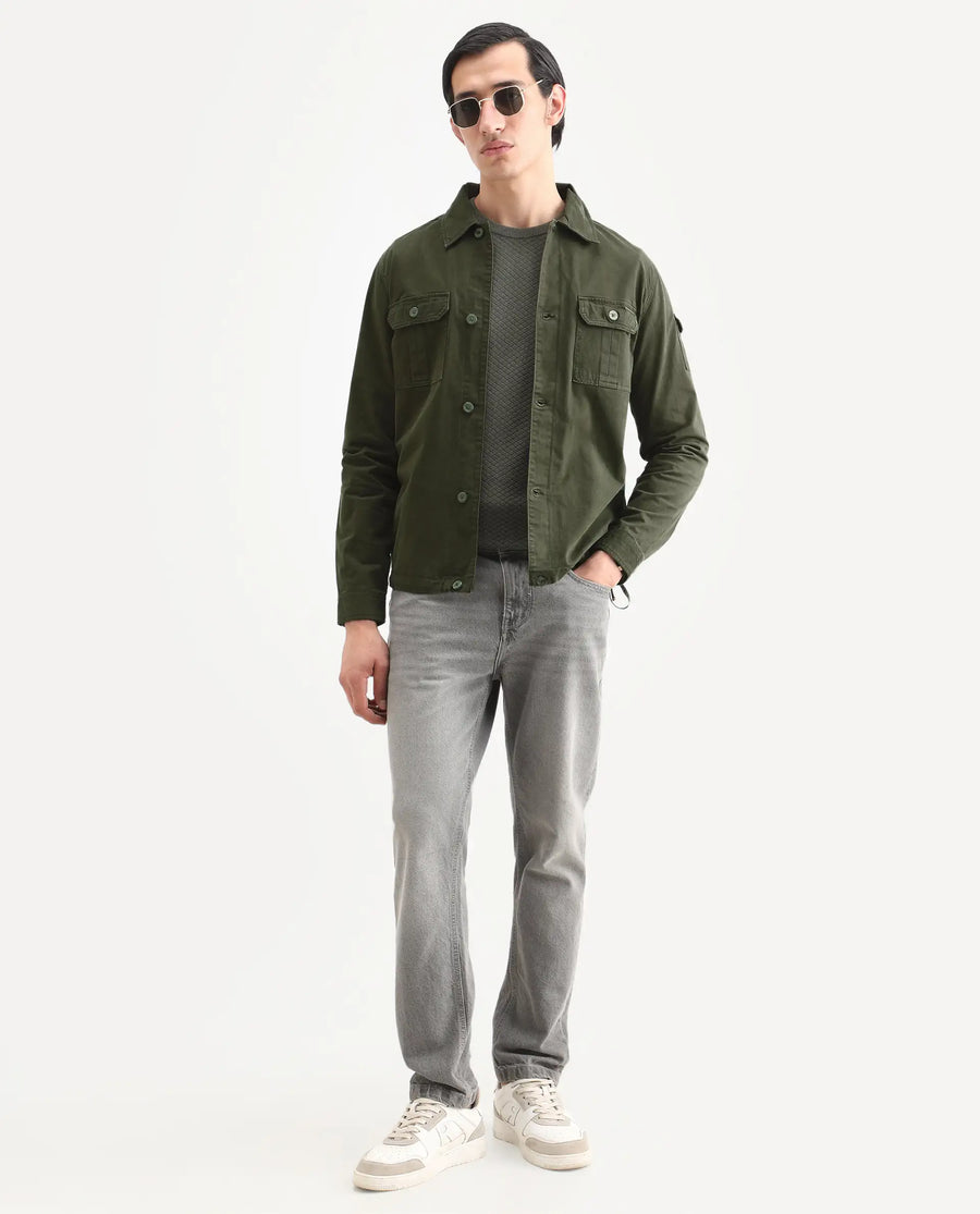 Rare Rabbit Men's Cedro Olive Cotton Plain Regular Fit Full Sleeve Spread Collar Jacket