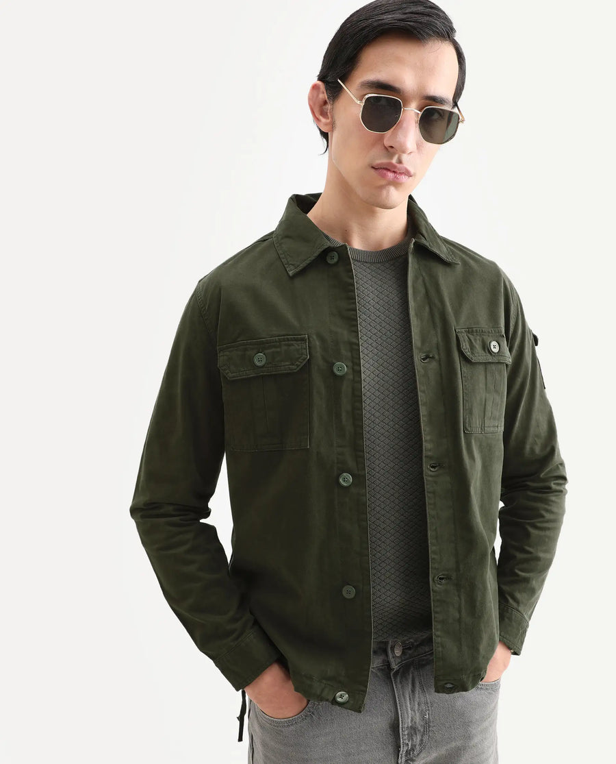 Rare Rabbit Men's Cedro Olive Cotton Plain Regular Fit Full Sleeve Spread Collar Jacket