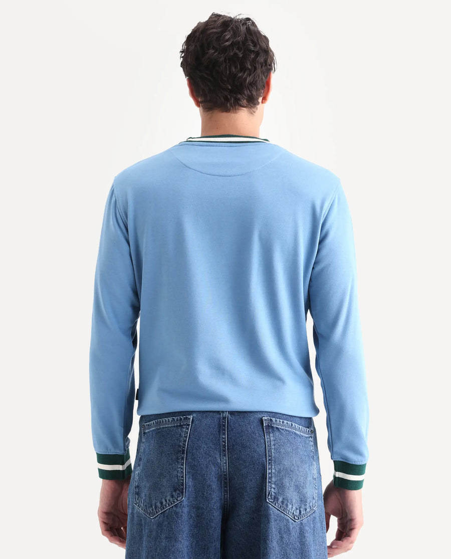 Rare Rabbit Men's Cancet Light Blue Cotton Plain Regular Fit Full Sleeve Crew Neck Sweatshirt