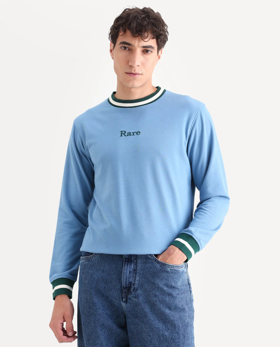 Rare Rabbit Men's Cancet Light Blue Cotton Plain Regular Fit Full Sleeve Crew Neck Sweatshirt