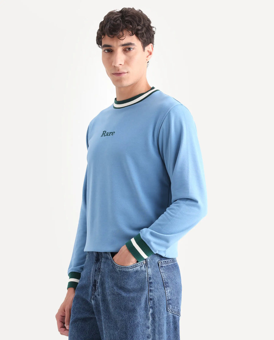 Rare Rabbit Men's Cancet Light Blue Cotton Plain Regular Fit Full Sleeve Crew Neck Sweatshirt