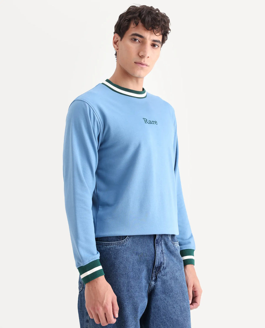 Rare Rabbit Men's Cancet Light Blue Cotton Plain Regular Fit Full Sleeve Crew Neck Sweatshirt