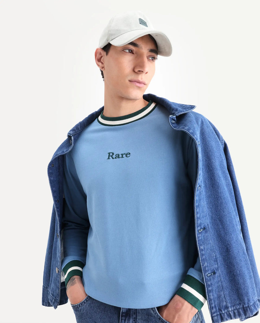 Rare Rabbit Men's Cancet Light Blue Cotton Plain Regular Fit Full Sleeve Crew Neck Sweatshirt