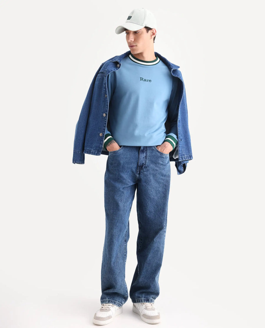 Rare Rabbit Men's Cancet Light Blue Cotton Plain Regular Fit Full Sleeve Crew Neck Sweatshirt