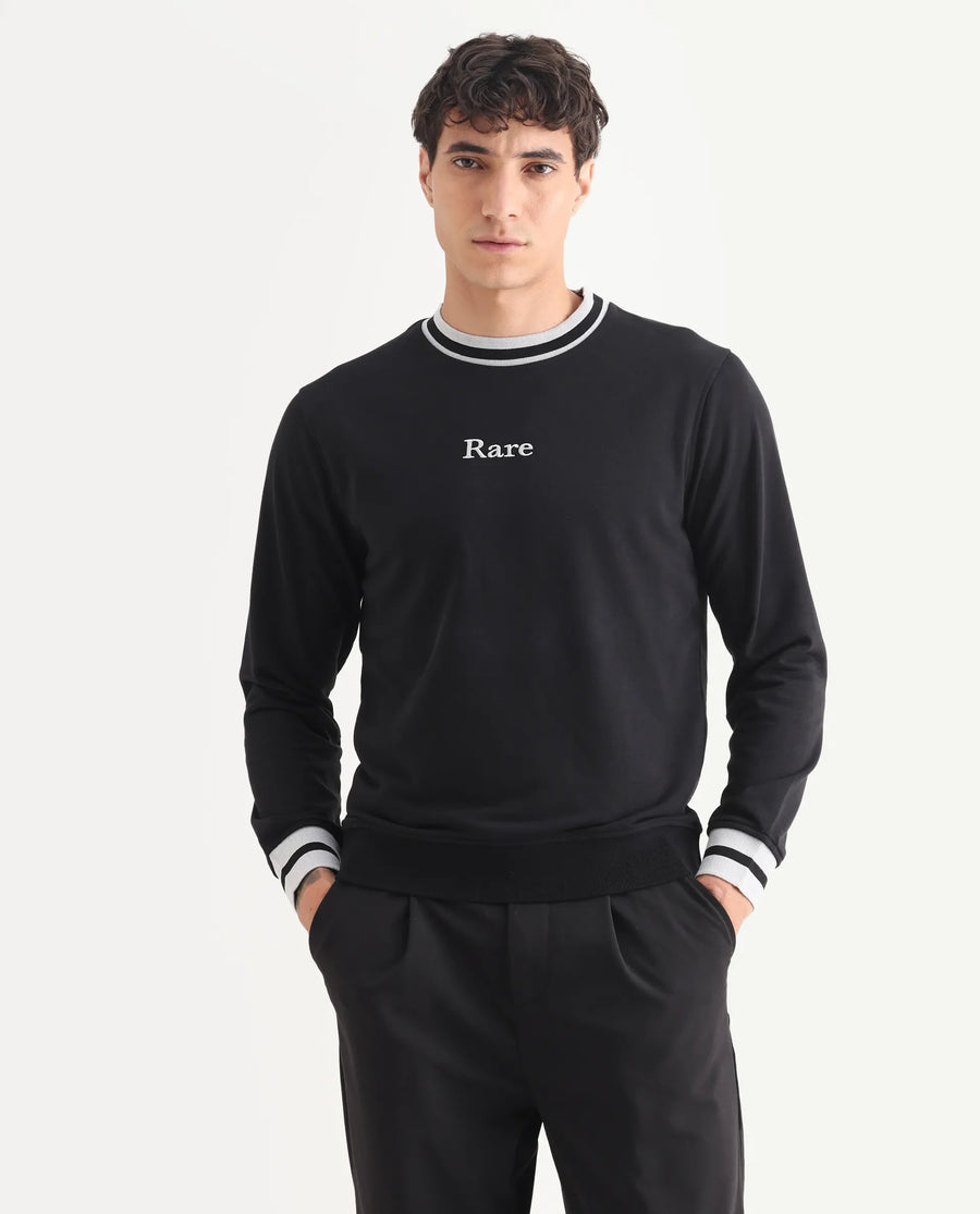 Rare Rabbit Men's Cancet Black Cotton Plain Regular Fit Full Sleeve Crew Neck Sweatshirt