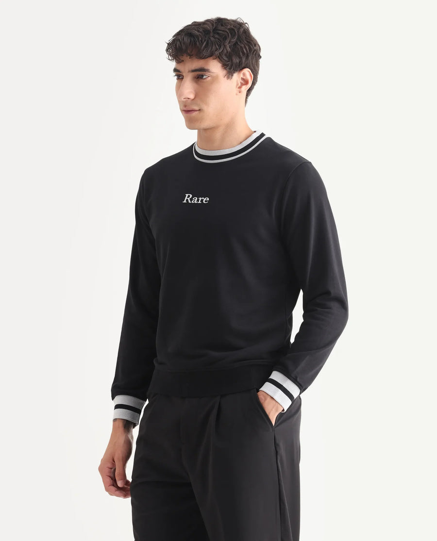 Rare Rabbit Men's Cancet Black Cotton Plain Regular Fit Full Sleeve Crew Neck Sweatshirt