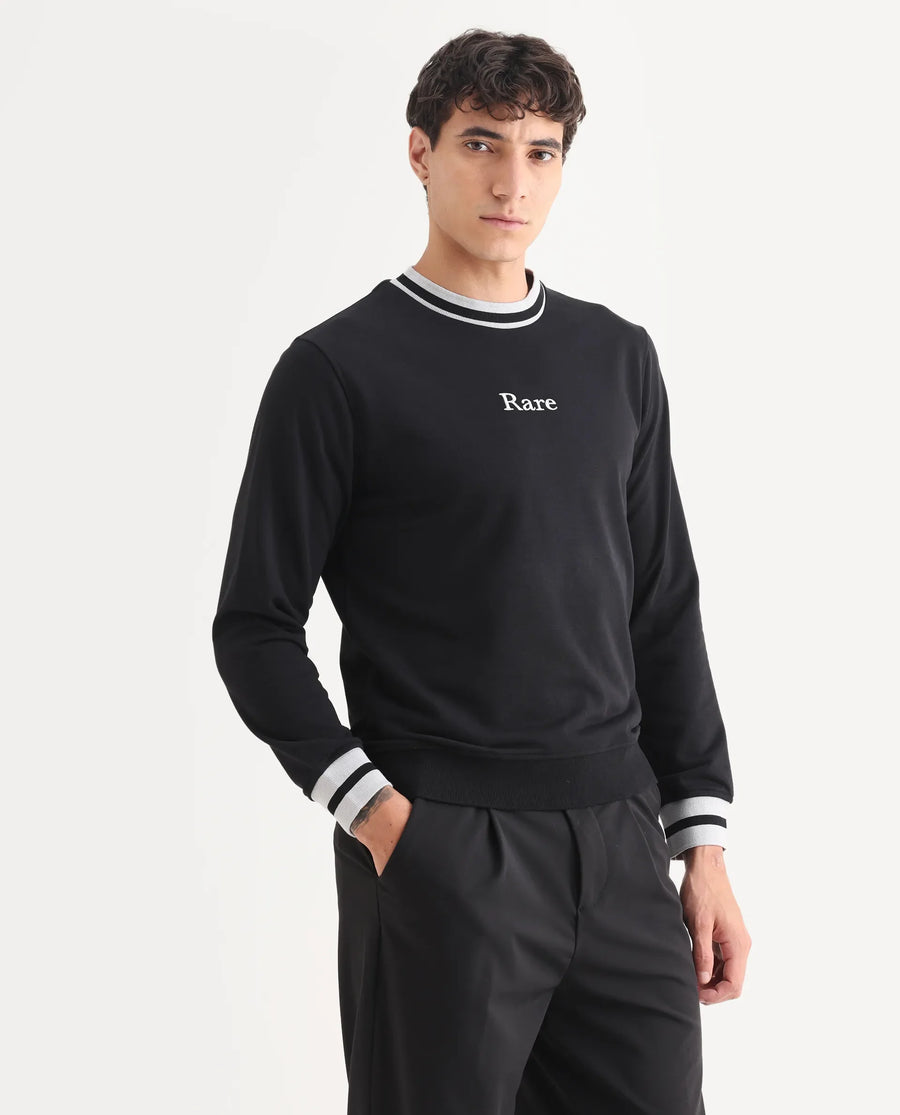 Rare Rabbit Men's Cancet Black Cotton Plain Regular Fit Full Sleeve Crew Neck Sweatshirt