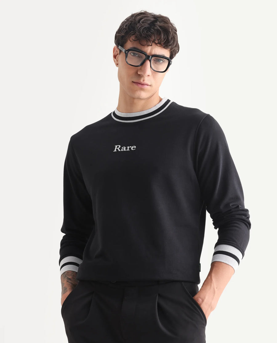Rare Rabbit Men's Cancet Black Cotton Plain Regular Fit Full Sleeve Crew Neck Sweatshirt