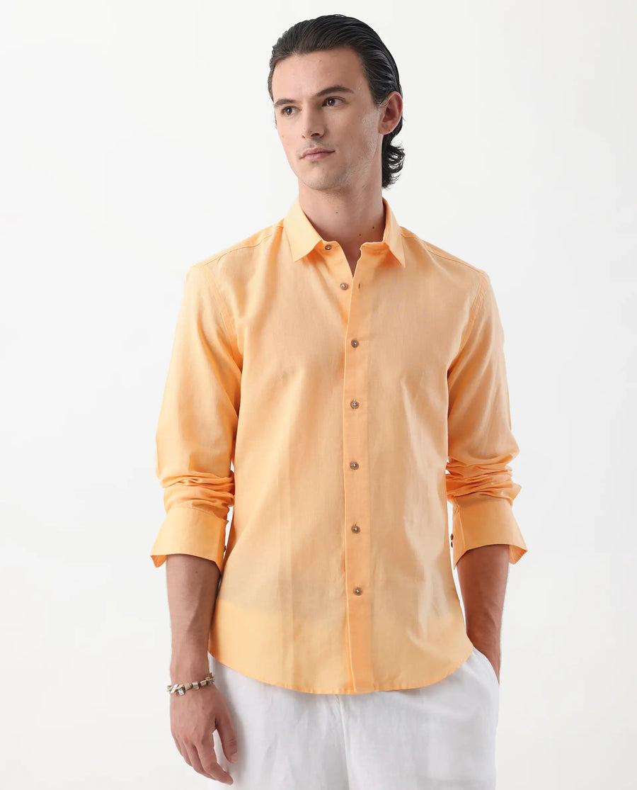 Rare Rabbit Men's Linux Light Yellow Linen Blend Plain Regular Fit Full Sleeve Collared Shirt