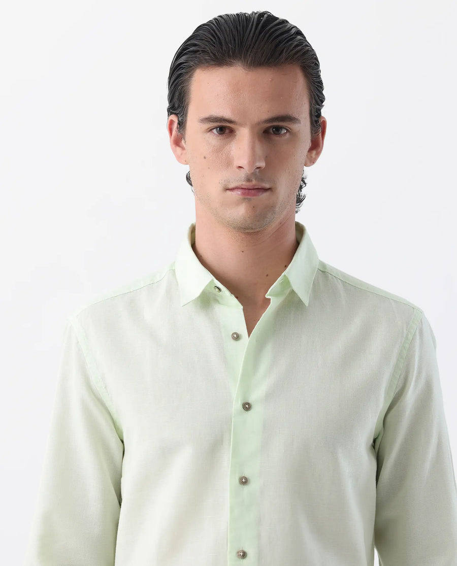 Rare Rabbit Men's Linux Pastel Green Linen Blend Plain Regular Fit Full Sleeve Collared Shirt