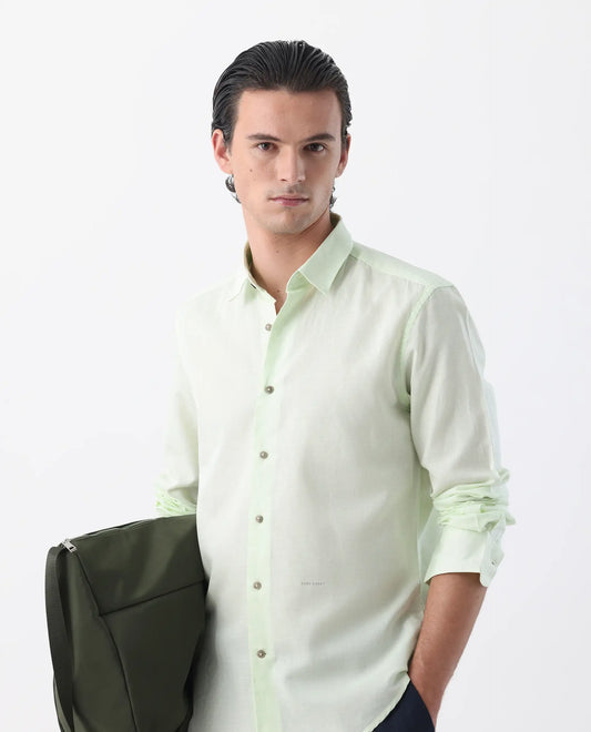 Rare Rabbit Men's Linux Pastel Green Linen Blend Plain Regular Fit Full Sleeve Collared Shirt