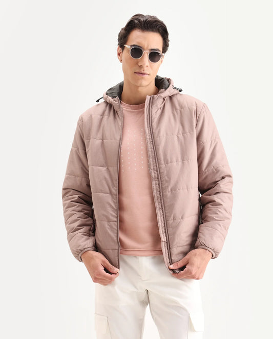 Rare Rabbit Men's Vasto Dusky Pink Polyester Monogram Print Regular Fit Full Sleeve Hooded Jacket