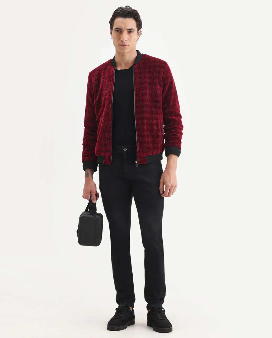Rare Rabbit Men's Beldon Red Velvet Textured Regular Fit Full Sleeve Stand Collar Jacket