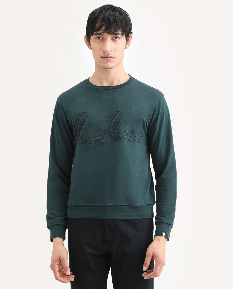 Rare Rabbit Men's Cerdo Dark Green Cotton Embroidered Regular Fit Full Sleeve Crew Neck Sweatshirt