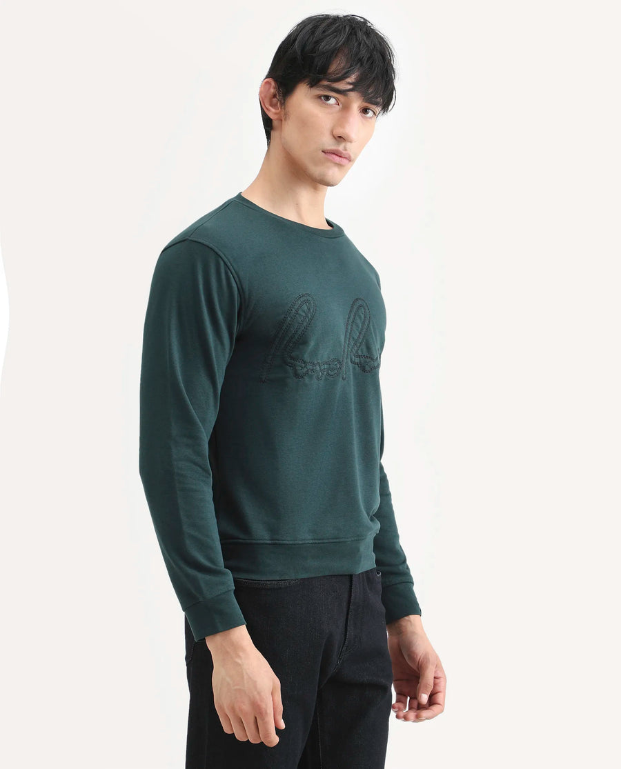 Rare Rabbit Men's Cerdo Dark Green Cotton Embroidered Regular Fit Full Sleeve Crew Neck Sweatshirt