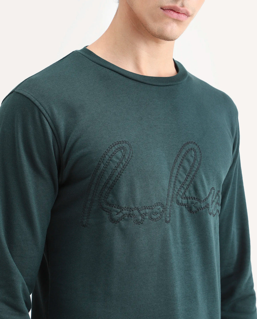 Rare Rabbit Men's Cerdo Dark Green Cotton Embroidered Regular Fit Full Sleeve Crew Neck Sweatshirt
