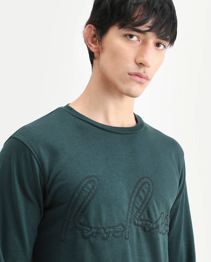 Rare Rabbit Men's Cerdo Dark Green Cotton Embroidered Regular Fit Full Sleeve Crew Neck Sweatshirt