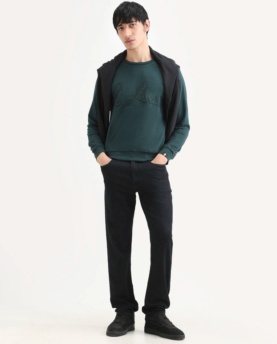 Rare Rabbit Men's Cerdo Dark Green Cotton Embroidered Regular Fit Full Sleeve Crew Neck Sweatshirt