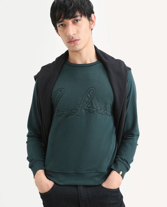 Rare Rabbit Men's Cerdo Dark Green Cotton Embroidered Regular Fit Full Sleeve Crew Neck Sweatshirt