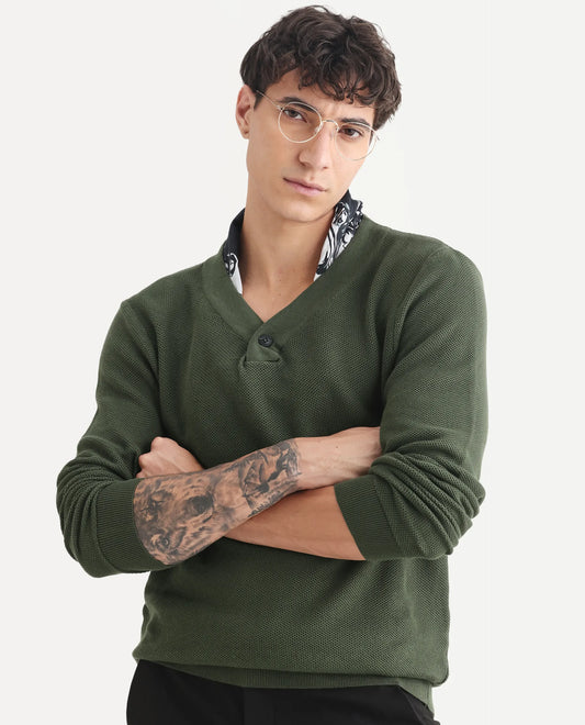 Rare Rabbit Men's Breeze Olive Cotton Plain Regular Fit Full Sleeve V-Neck Sweater
