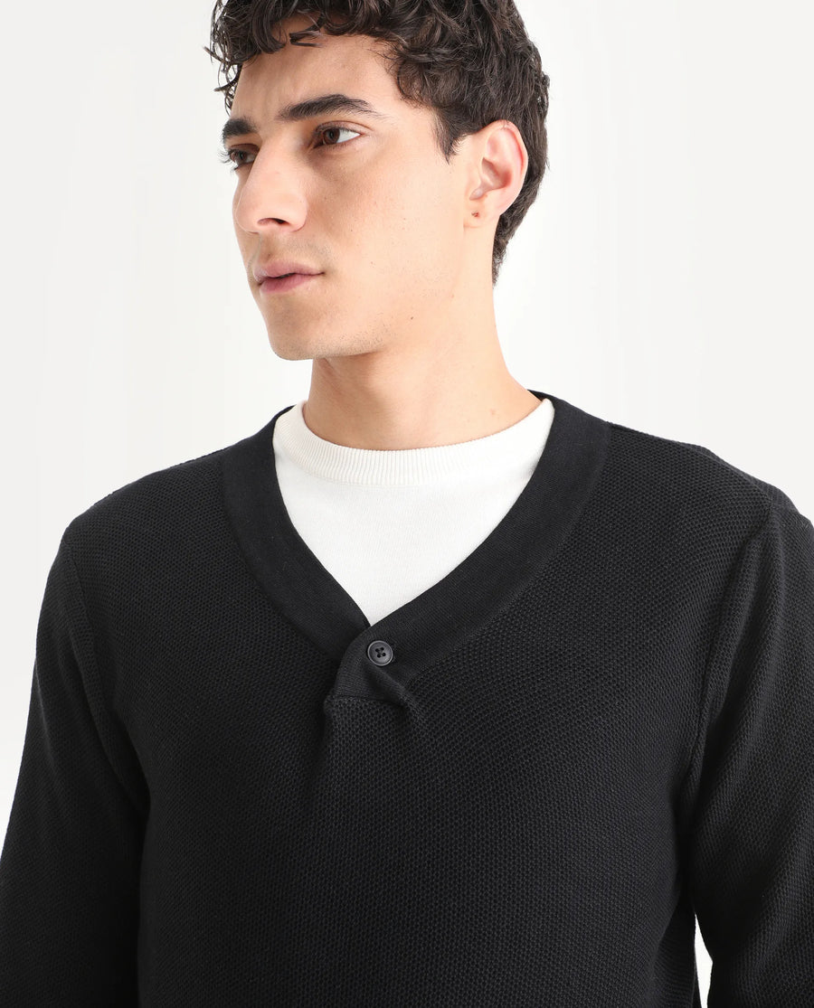 Rare Rabbit Men's Breeze Black Cotton Plain Regular Fit Full Sleeve V-Neck Sweater