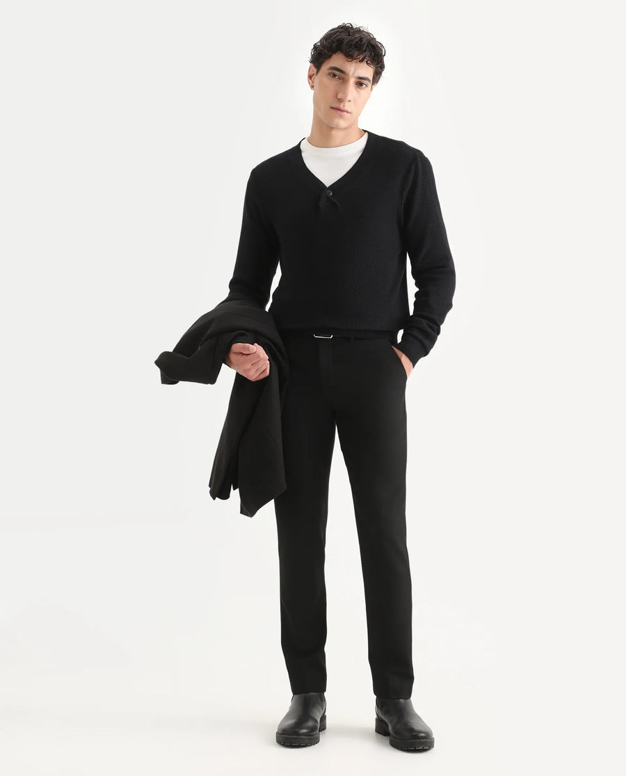 Rare Rabbit Men's Breeze Black Cotton Plain Regular Fit Full Sleeve V-Neck Sweater