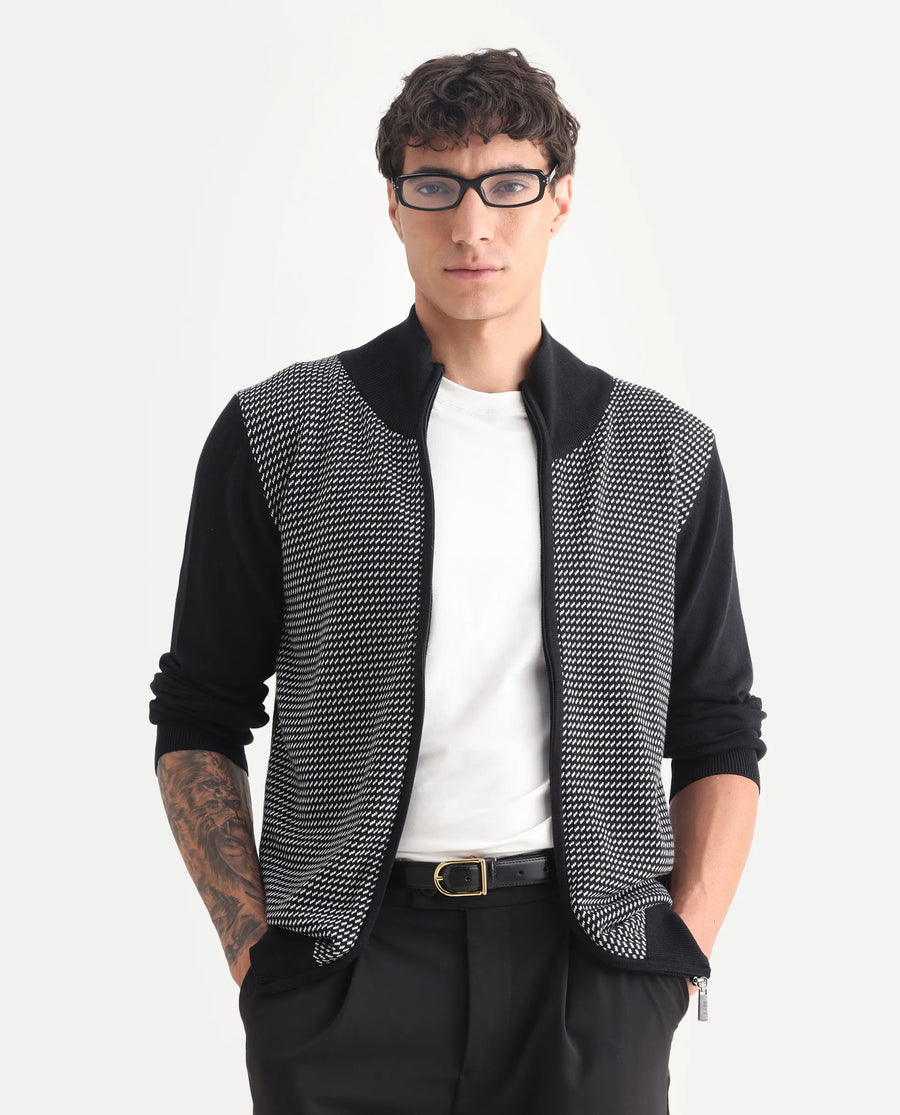 Rare Rabbit Men's Heritage Black Cotton Jacquard Regular Fit Full Sleeve High Neck Sweater