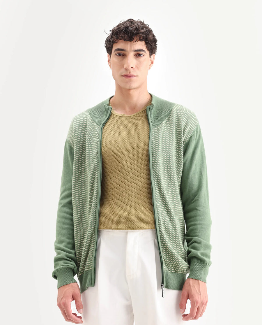 Rare Rabbit Men's Heritage Green Cotton Jacquard Regular Fit Full Sleeve High Neck Sweater