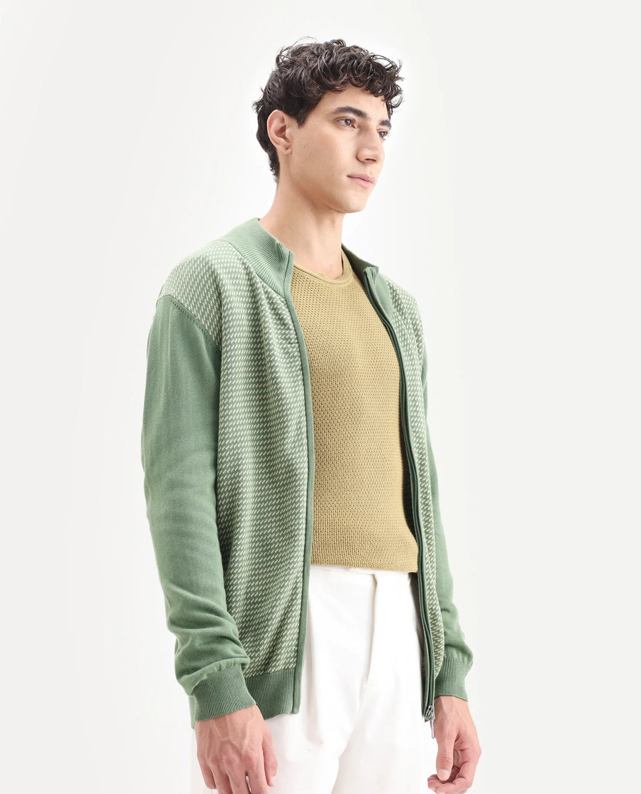 Rare Rabbit Men's Heritage Green Cotton Jacquard Regular Fit Full Sleeve High Neck Sweater