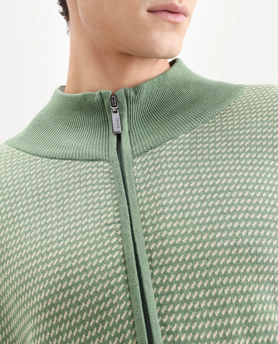 Rare Rabbit Men's Heritage Green Cotton Jacquard Regular Fit Full Sleeve High Neck Sweater