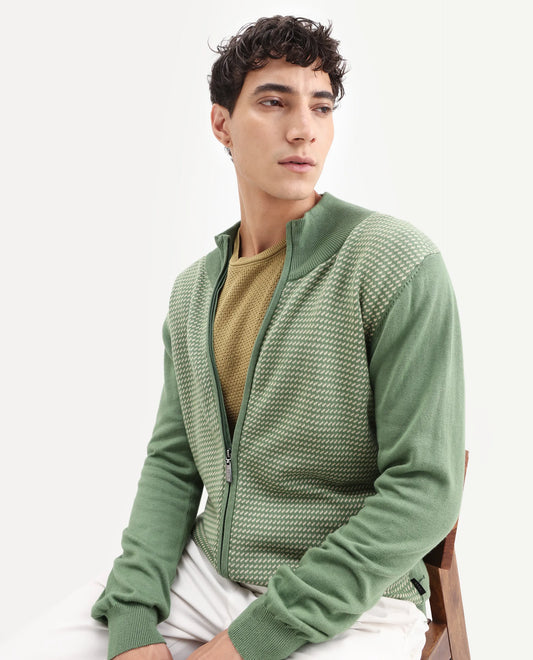Rare Rabbit Men's Heritage Green Cotton Jacquard Regular Fit Full Sleeve High Neck Sweater