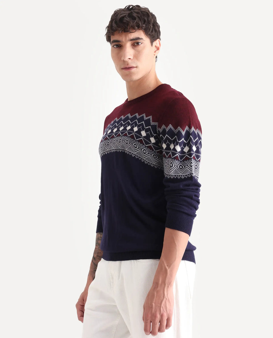 Rare Rabbit Men's Puzzle Blue Acrylic Abstract Print Relaxed Fit Full Sleeve Crew Neck Sweater