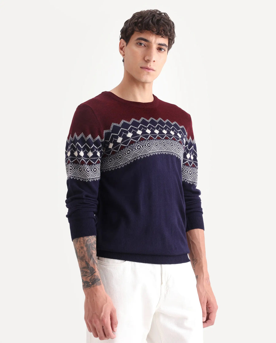 Rare Rabbit Men's Puzzle Blue Acrylic Abstract Print Relaxed Fit Full Sleeve Crew Neck Sweater