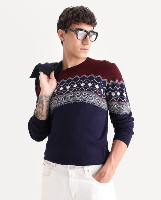 Rare Rabbit Men's Puzzle Blue Acrylic Abstract Print Relaxed Fit Full Sleeve Crew Neck Sweater