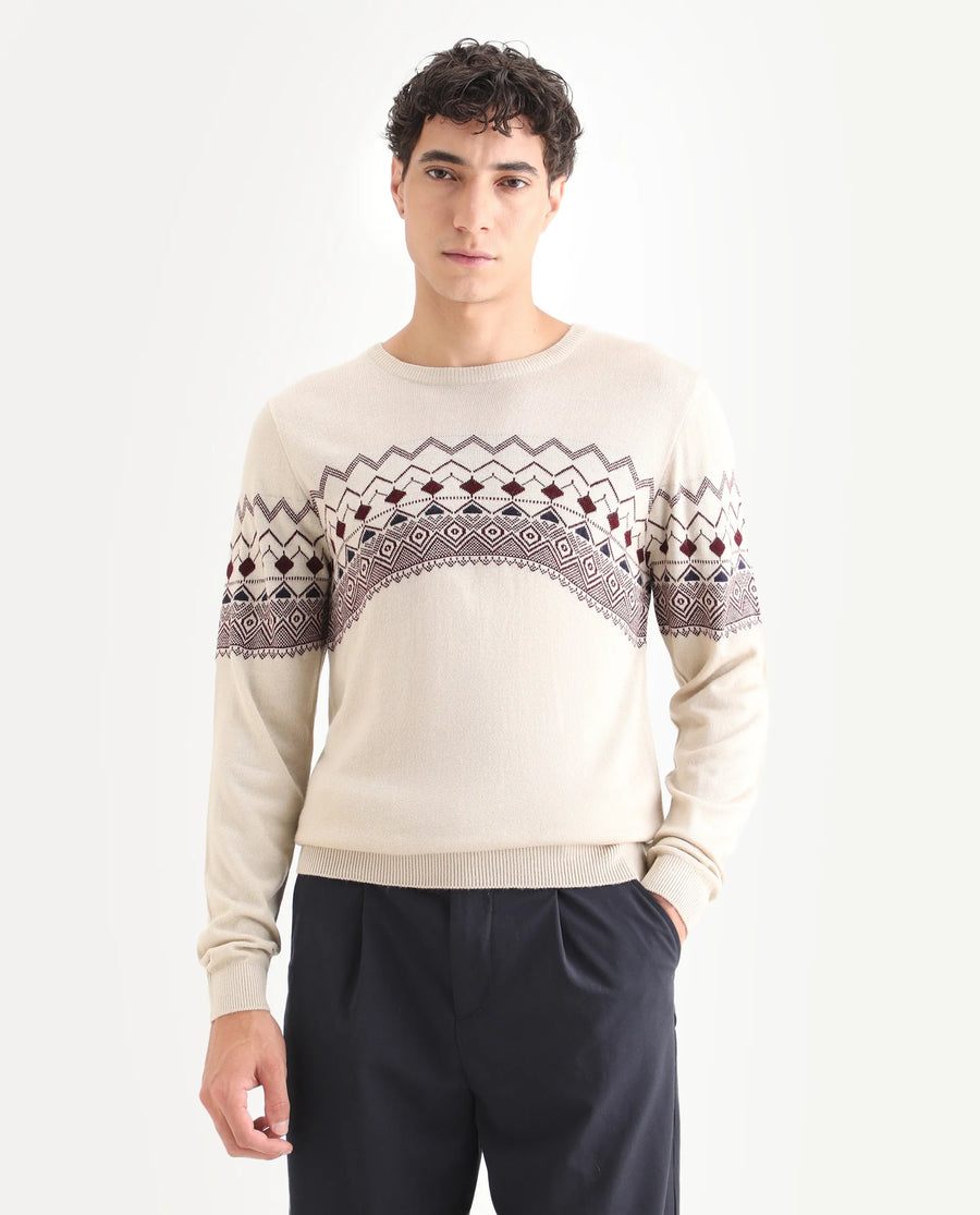 Rare Rabbit Men's Puzzle Off White Acrylic Abstract Print Relaxed Fit Full Sleeve Crew Neck Sweater