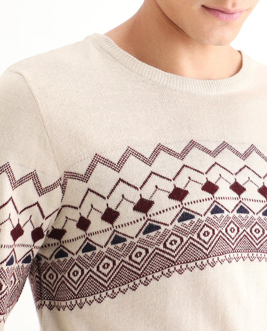 Rare Rabbit Men's Puzzle Off White Acrylic Abstract Print Relaxed Fit Full Sleeve Crew Neck Sweater