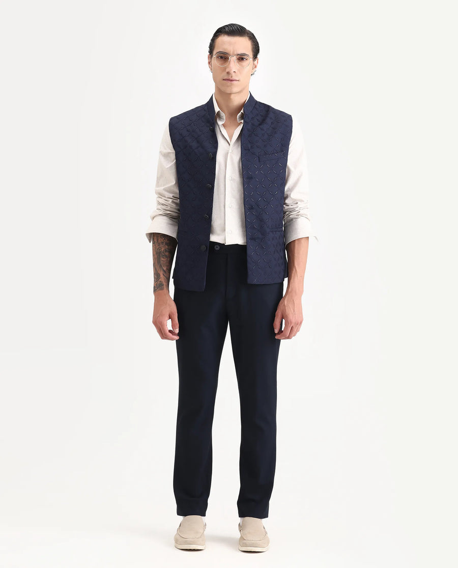 Rare Rabbit Men's Medob Dark Navy Viscose Embroidered Tailored Fit Sleeveless Mandarin Collar Bandhgala Rare Rabbit Men's Lasmos-B1 Beige Viscose Embroidered Regular Fit Sleeveless Mandarin Collar Bandhgala Nehru Jacket