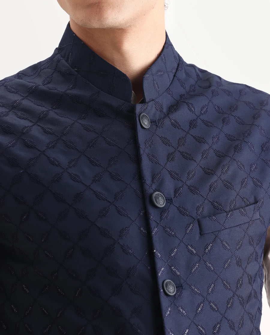Rare Rabbit Men's Medob Dark Navy Viscose Embroidered Tailored Fit Sleeveless Mandarin Collar Bandhgala Rare Rabbit Men's Lasmos-B1 Beige Viscose Embroidered Regular Fit Sleeveless Mandarin Collar Bandhgala Nehru Jacket