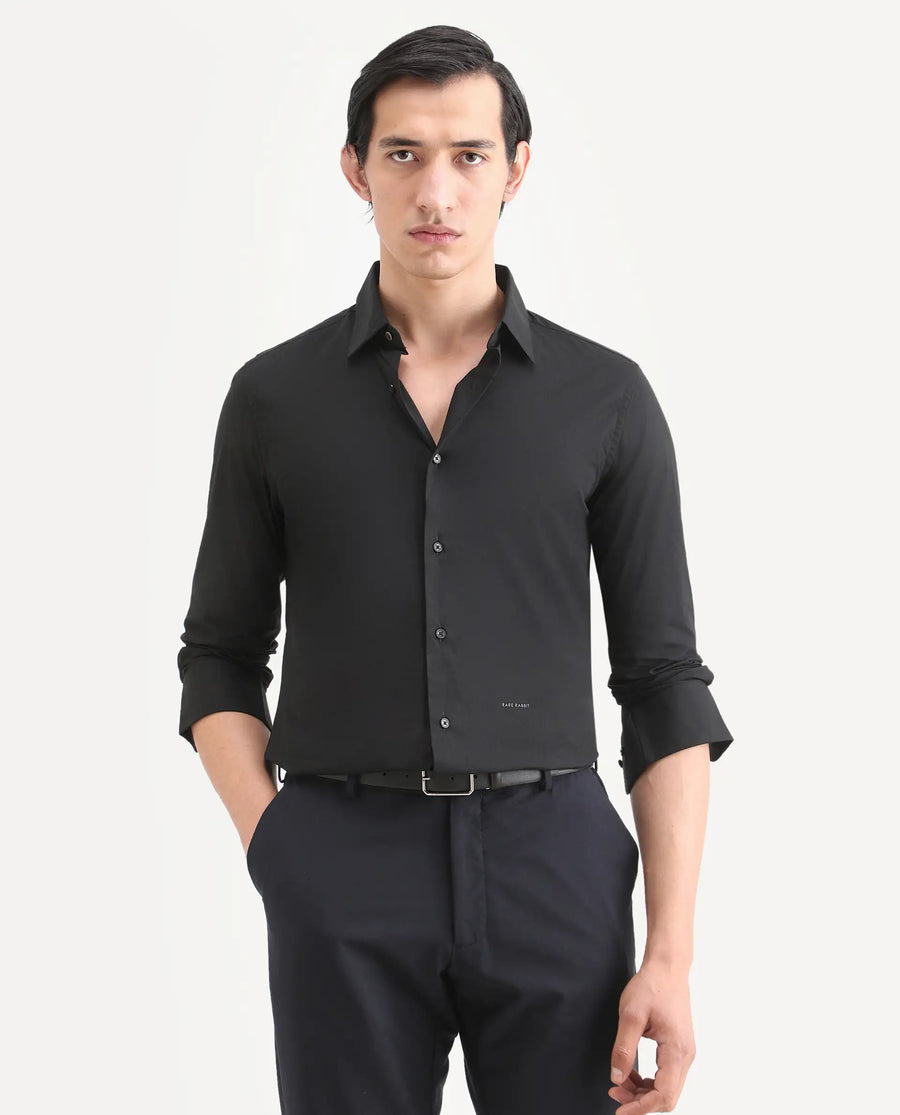 Rare Rabbit Men's Neutron8 Black Cotton Plain Regular Fit Full Sleeve Collared Shirt