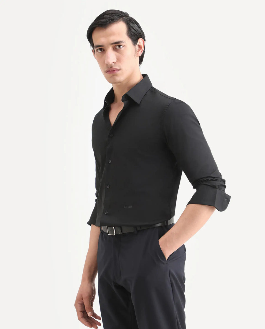 Rare Rabbit Men's Neutron8 Black Cotton Plain Regular Fit Full Sleeve Collared Shirt