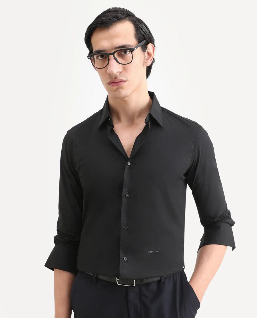 Rare Rabbit Men's Neutron8 Black Cotton Plain Regular Fit Full Sleeve Collared Shirt