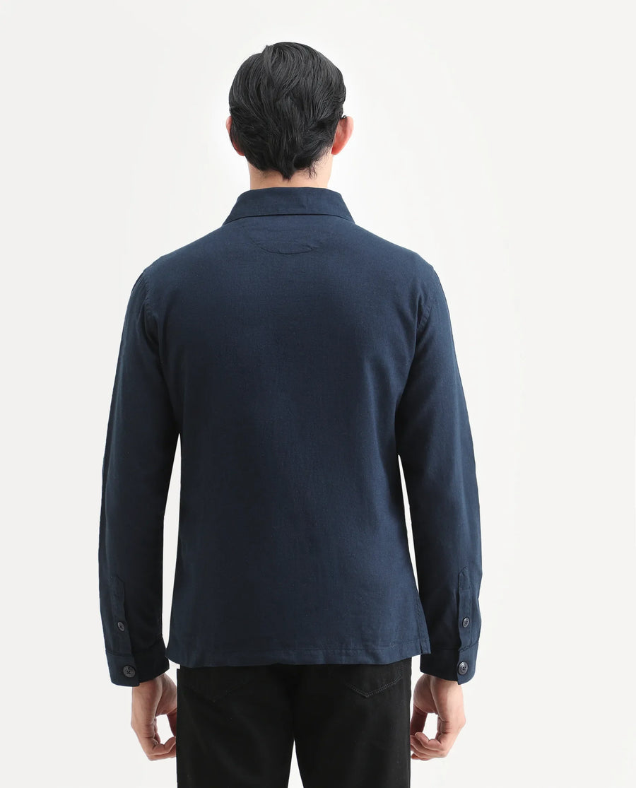 Rare Rabbit Men's Gatter Navy Linen Blend Plain Relaxed Fit Full Sleeve Spread Collar Jacket