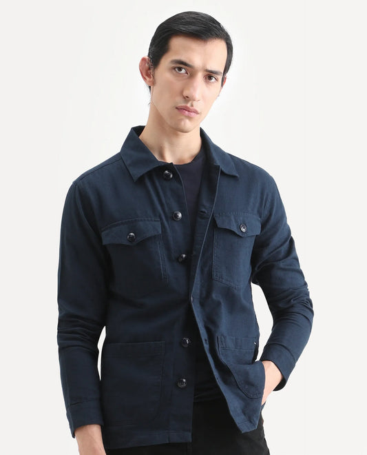 Rare Rabbit Men's Gatter Navy Linen Blend Plain Relaxed Fit Full Sleeve Spread Collar Jacket