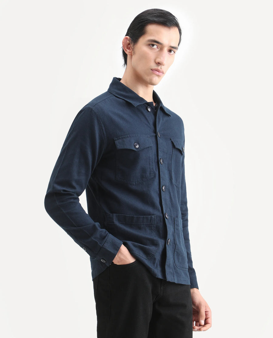 Rare Rabbit Men's Gatter Navy Linen Blend Plain Relaxed Fit Full Sleeve Spread Collar Jacket